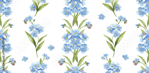 Spring delicate blue forget-me-not flowers. Botanical watercolor seamless pattern on white background, perfect for eco branding, packaging, cards,