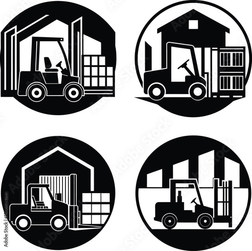 Four forklift icons with warehouses in circular black and white design