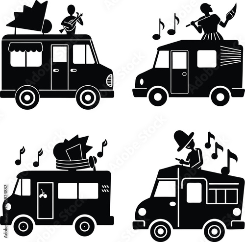 Black silhouette trucks with musicians and music notes graphic design elements