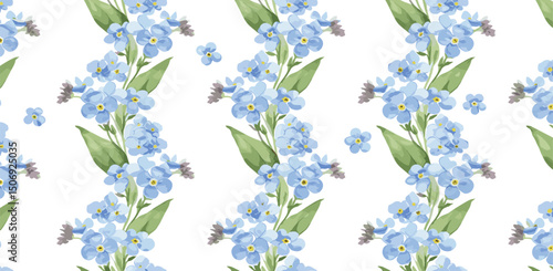 Spring delicate blue forget-me-not flowers. Botanical watercolor seamless pattern on white background, perfect for eco branding, packaging, cards,