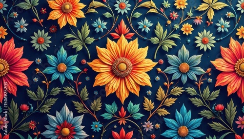 Intricate floral damask with rich, saturated colors , textile, flower