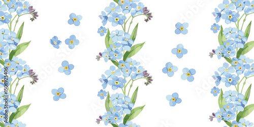 Spring delicate blue forget-me-not flowers. Botanical watercolor seamless pattern on white background, perfect for eco branding, packaging, cards,