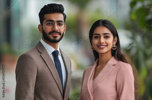 Professional Indian male and female standing side by side, formal outfits
