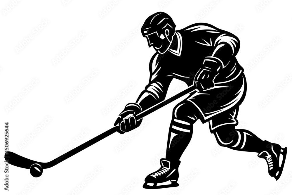 Obraz premium Dynamic Hockey Player Silhouette Action Shot Illustration, hockey, player, silhouette, sports, masculine, intense, powerful, win, passion, victory, skill, determination, monochrome, movement, dynamic,