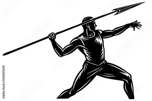 Powerful Javelin Thrower Black and White Illustration, javelin, thrower, athlete, sports, masculine, winning, powerful, muscle, contest, victory, skill, pose, strength, champion, monochrome, movement