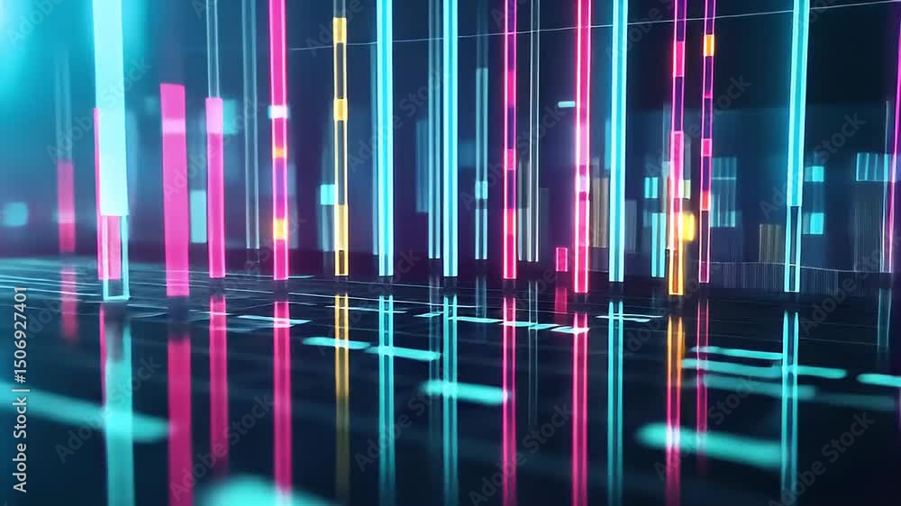 Abstract Digital Landscape with Vertical Colored Lines and Reflective Surface in Blue and Pink Tones Abstract Digital Landscape with Vertical Colored Lines and Reflective Surface in Blue and Pink Tones