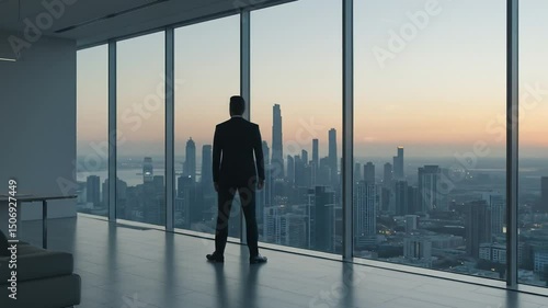 Person walk toward city view in modern office
