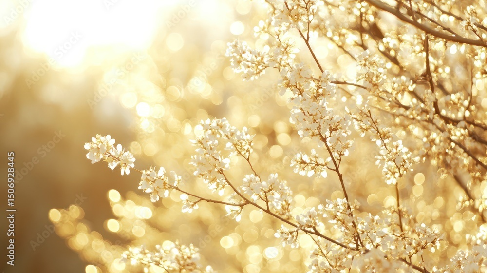 Naklejka premium Golden sunset illuminates blooming branches, bokeh background, spring nature scene, website banner