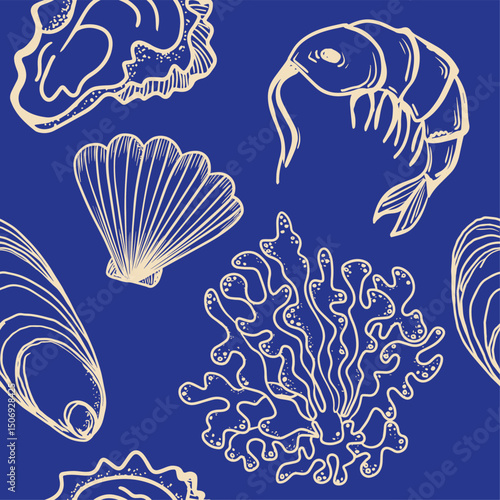 La dolce vita themed seamless pattern with Seafood. The Scallop, Shrimp, Coral, Oyster with hand drawn contour on blue background. Monochrome vector inspired by Summer Italian aesthetic.