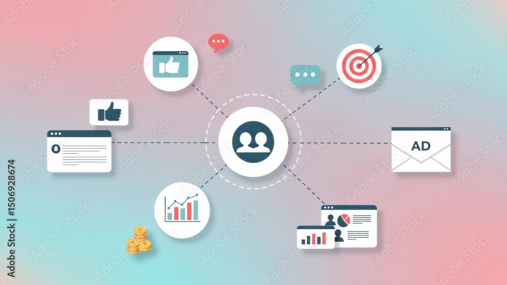 Illustrated Network of Marketing and Connection, with Social Media Engagement Icons Illustrated Network of Marketing and Connection, with Social Media Engagement Icons