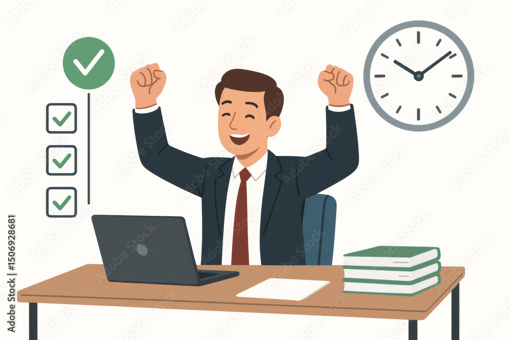 Happy businessman celebrating success achievement goal completion victory raised arms. Time management productivity office concept. Task checklist motivation triumph celebration Happy businessman celebrating success achievement goal completion victory raised arms. Time management productivity office concept. Task checklist motivation triumph celebration