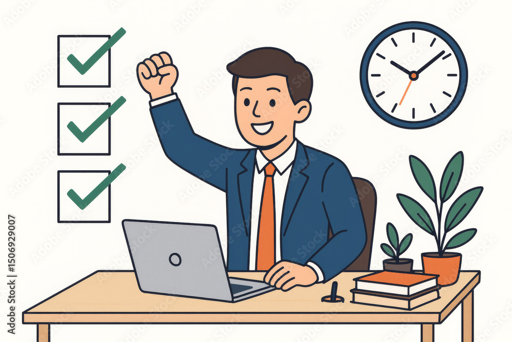 Success businessman celebrating goals achievement task completion checklist. Business productivity efficiency triumph victory concept. Professional office worker desk laptop time management Success businessman celebrating goals achievement task completion checklist. Business productivity efficiency triumph victory concept. Professional office worker desk laptop time management