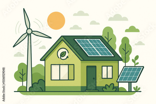 Sustainable eco green house solar panels wind turbine renewable clean energy concept. Environmental friendly smart home technology building architecture vector illustration