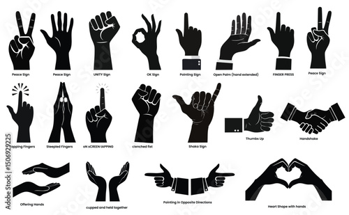 Hand gestures, positions, signs. hands gesture illustrations, High quality graphics showcasing human interaction, expression Silhouette