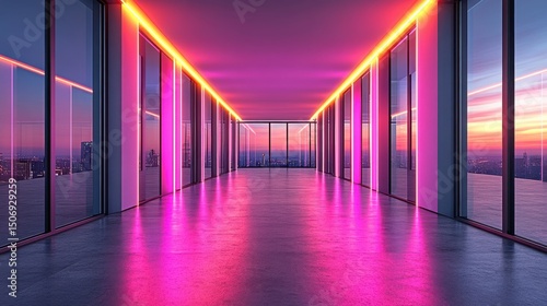 Modern Stylish Interior with Colorful Neon Lighting at Sunset
