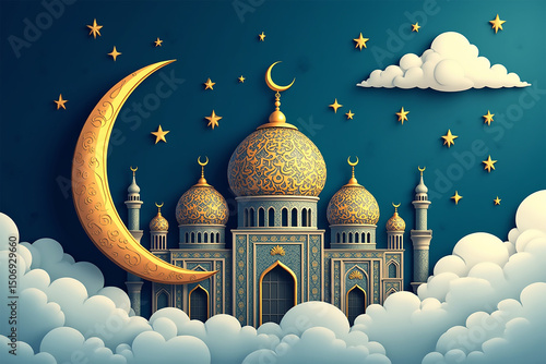 Golden Mosque and Crescent Moon Background for Eid Mubarak Celebrations