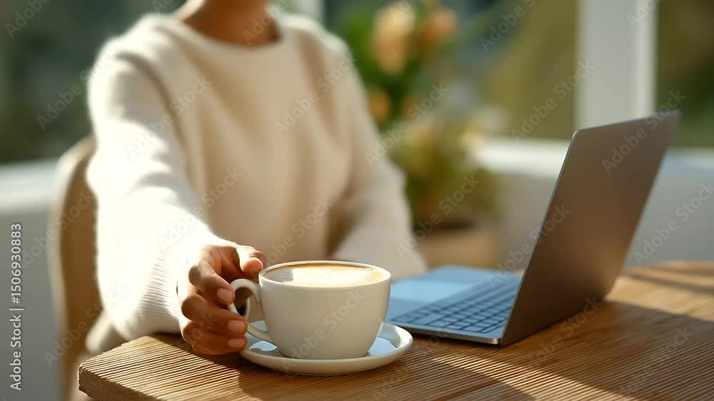 Freelancer on Client Call at Café with Latte and Laptop Freelancer on Client Call at Café with Latte and Laptop
