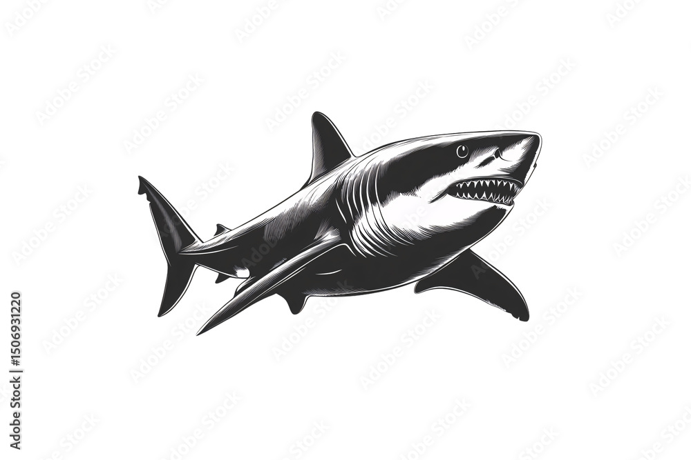Fototapeta premium Fierce shark design with prominent teeth, dramatic shading and muscular body structure in threatening attack position, isolated on a transparent background