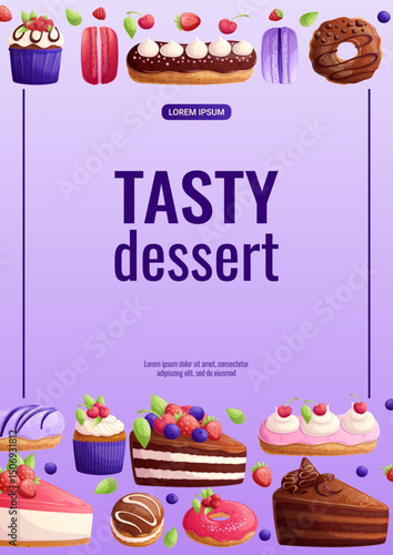 A bright design template for a delicious dessert flyer. Different types of cakes. The concept of confectionery, cooking, sweets. A4 vector illustration for posters, banners and advertisements