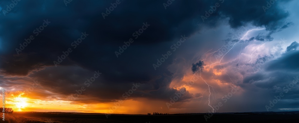 Obraz premium The stunning display of lightning against a dramatic sunset horizon.
