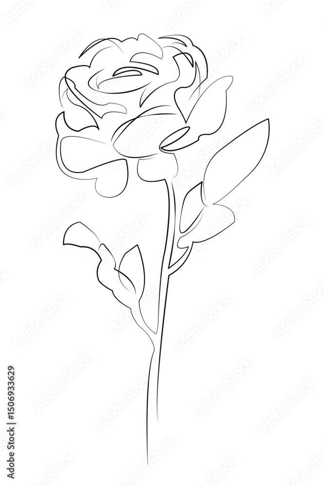 One continuous line drawing on white isolated background. Minimalism linear illustration. nature, red, rose, flower, leaf, beauty, blossom, gift, bud, love One continuous line drawing on white isolated background. Minimalism linear illustration. nature, red, rose, flower, leaf, beauty, blossom, gift, bud, love