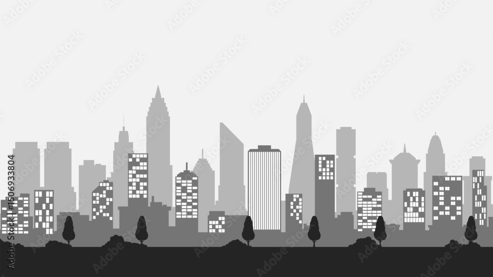 Fototapeta premium Cityscape of skyline building in the downtown. Scenery of the city landscape with apartment and skyscrapers architecture. Vector illustration of a scenic cloudscape over the city with office buildings