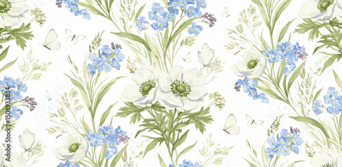 Green grass, wild flowers, blue forget-me-nots, white anemones and butterflies. Delicate watercolor botanical seamless pattern.