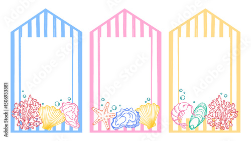 La Dolce Vita themed Frames. Striped Beach Huts with Oysters, Shrimp, Scallop, Coral Cards. Hand-drawn vector inspired by Summer Italian aesthetic for restaurant, café and seafood menu.