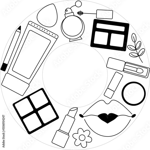Decorative and skin care cosmetics. Makeup tools circle round frame template. Vector graphic line illustration. Black and white cosmetic makeup art. Layout with makeup, visage accessories.