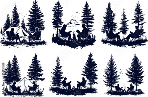 Silhouettes of people camping, reading, and relaxing isolated on white