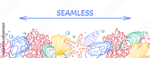 La dolce vita themed seamless Border with Seafood. Vector outline illustration. Hand-drawn pattern of Sea frame. Colourful Linear drawing isolated on white background. 