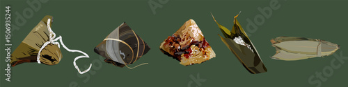 Chinese Dragon Boat Festival, Zongzi, glutinous rice wrapped in bamboo leaves, Asian Food Set illustration vector