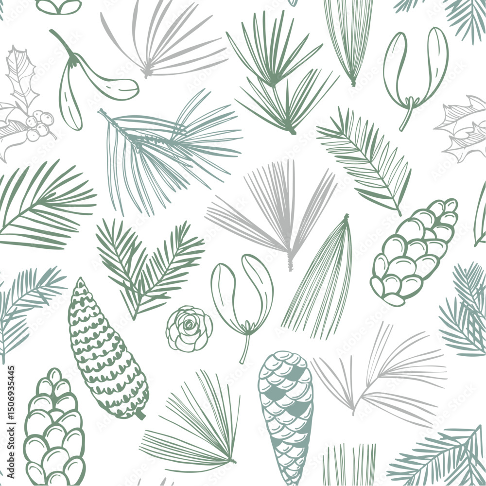 Fototapeta premium Hand-drawn branches and cones of coniferous trees. Christmas plants. Vector seamless pattern.