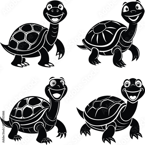 Collection of cartoon turtle illustrations set in black and white style