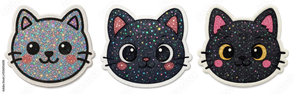 PNG Glittery cat face stickers, element set on transparent background PNG Glittery cat face stickers, element set on transparent background