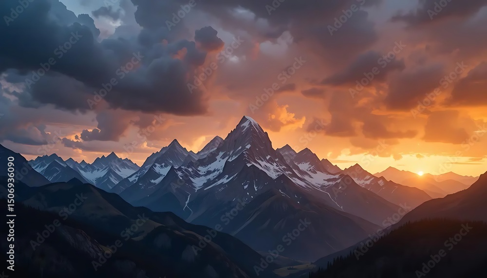 Snow Capped Mountain Range at Sunset with Dramatic Sky Snow Capped Mountain Range at Sunset with Dramatic Sky