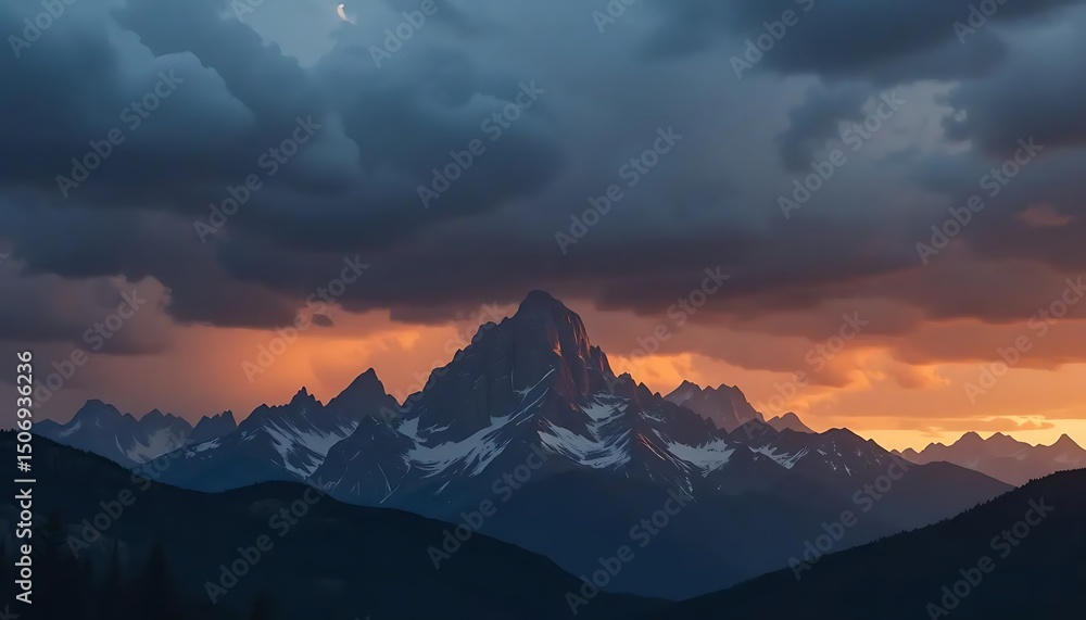 Fototapeta premium Snowy Mountain Peaks at Sunset with Dramatic Cloudscape