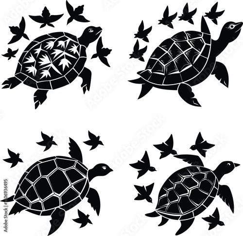 Black and white sea turtle silhouettes with birds pattern design