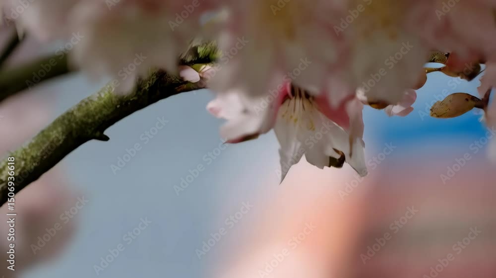 Delicate light pink cherry blossoms blooming on a branch against a pale blue spring sky, soft focus creating a serene and idyllic springtime scene Delicate light pink cherry blossoms blooming on a branch against a pale blue spring sky, soft focus creating a serene and idyllic springtime scene