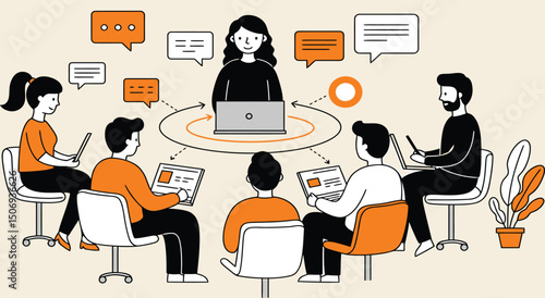 Line art of female leader presenting to diverse team in circular setup. Modern illustration with laptops, speech bubbles, orange accents, depicting workshop or online meeting. AI Generative
