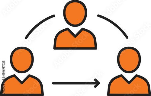 Orange line art icon illustrating team structure and communication flow. Three avatars connected, showing hierarchy, delegation, or peer-to-peer interaction with arrows. AI Generative
