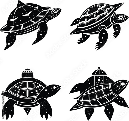 Collection of sea turtle illustrations in black and white format