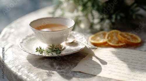 Stylish tea setup highlights earl grey served with citrus slices and old letters in warm, romantic lighting