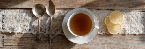 Earl grey tea is served with bergamot slices and vintage teaspoons under warm natural light