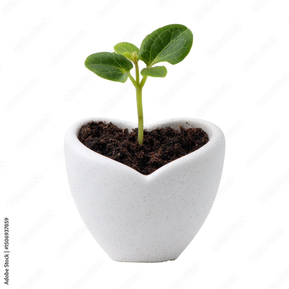 A heart-shaped pot with a small green plant growing inside. transparent background A heart-shaped pot with a small green plant growing inside. transparent background