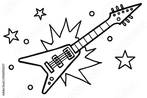 Black and white illustration of a rock and roll electric guitar with stars and circles design elements
