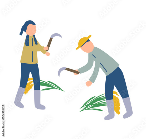 稲刈りをする米農家のイラスト