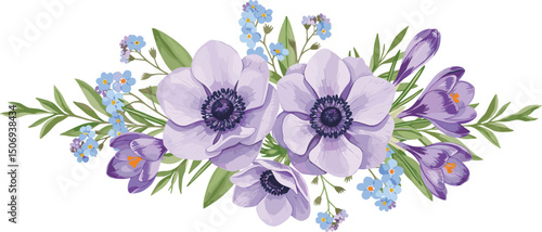 Anemones, purple crocus, blue forget-me-nots and green leaves. Watercolor botanical bouquet on isolated background, suitable for greeting cards, wedding invitations,