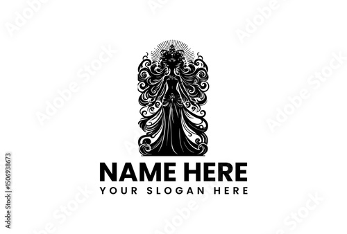 A majestic vector logo silhouette of Goddess Durga with flowing hair and a trident