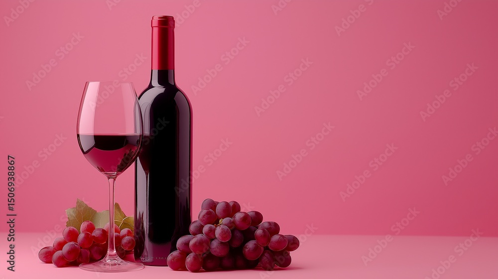 Obraz premium bottle of wine and grape on pink table
